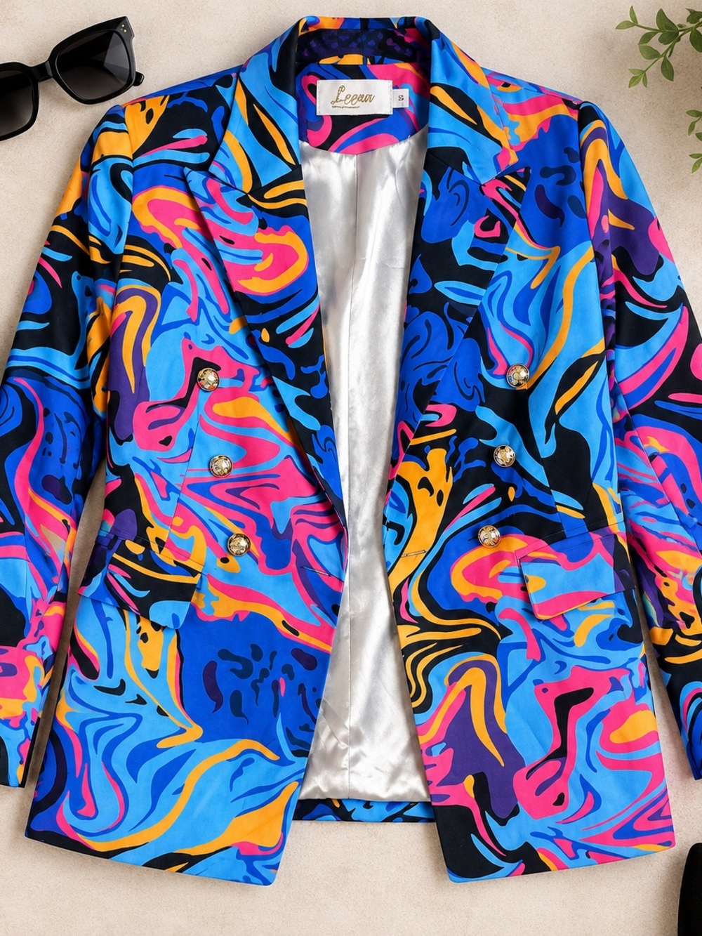 Colorful Abstract Print Double Breasted Blazer Gold Buttons Size S